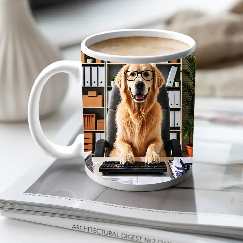 Golden Retriever Office Worker At Computer Desk – Mugs
