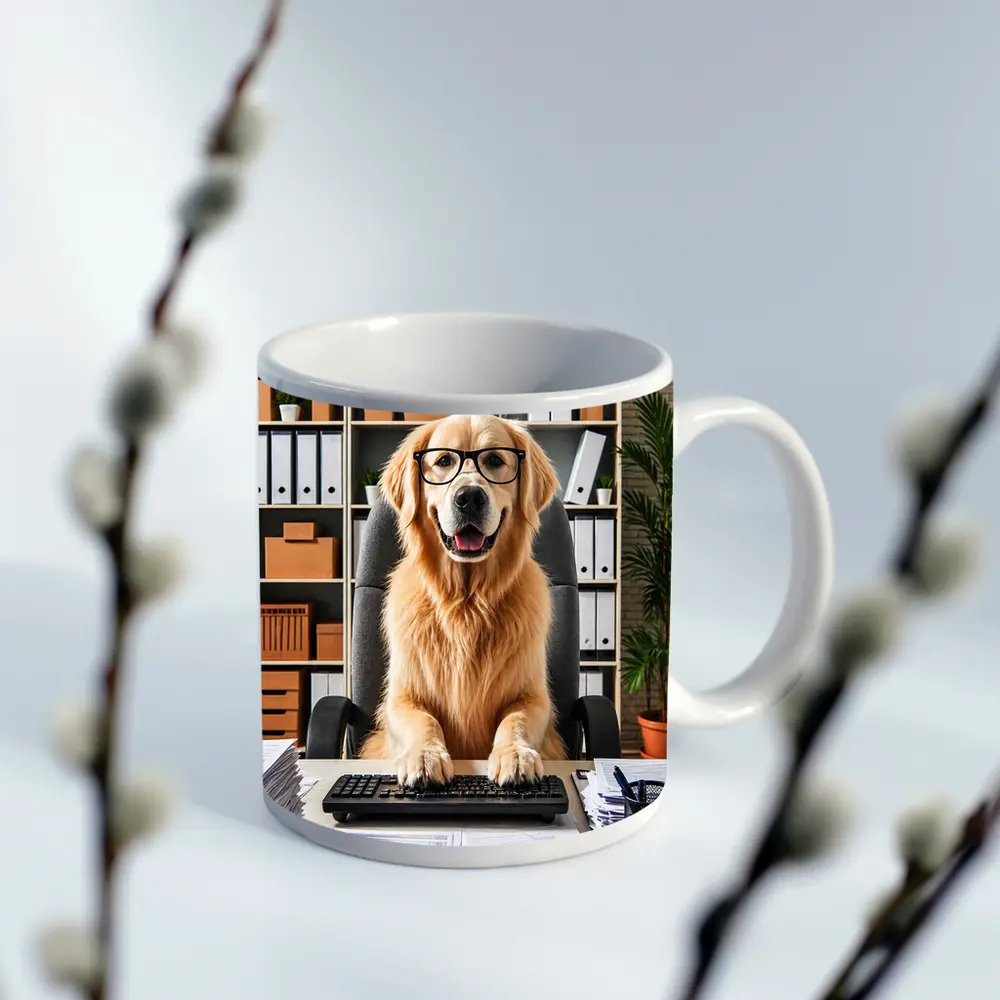 Golden Retriever Office Worker At Computer Desk – Mugs