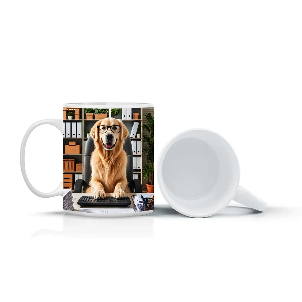 Golden Retriever Office Worker At Computer Desk – Mugs