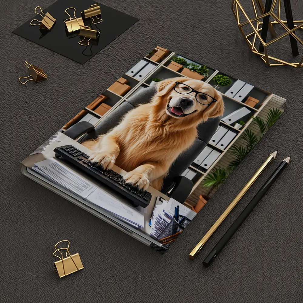 Golden Retriever Office Worker At Computer Desk – Notebooks