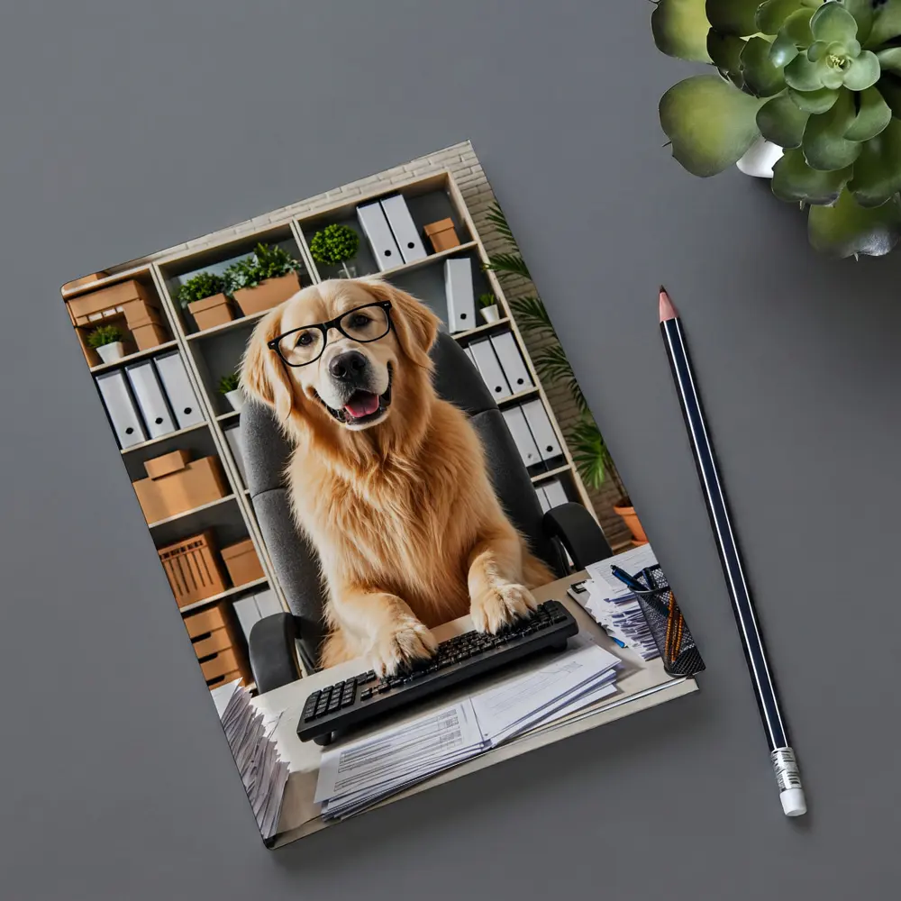 Golden Retriever Office Worker At Computer Desk – Notebooks