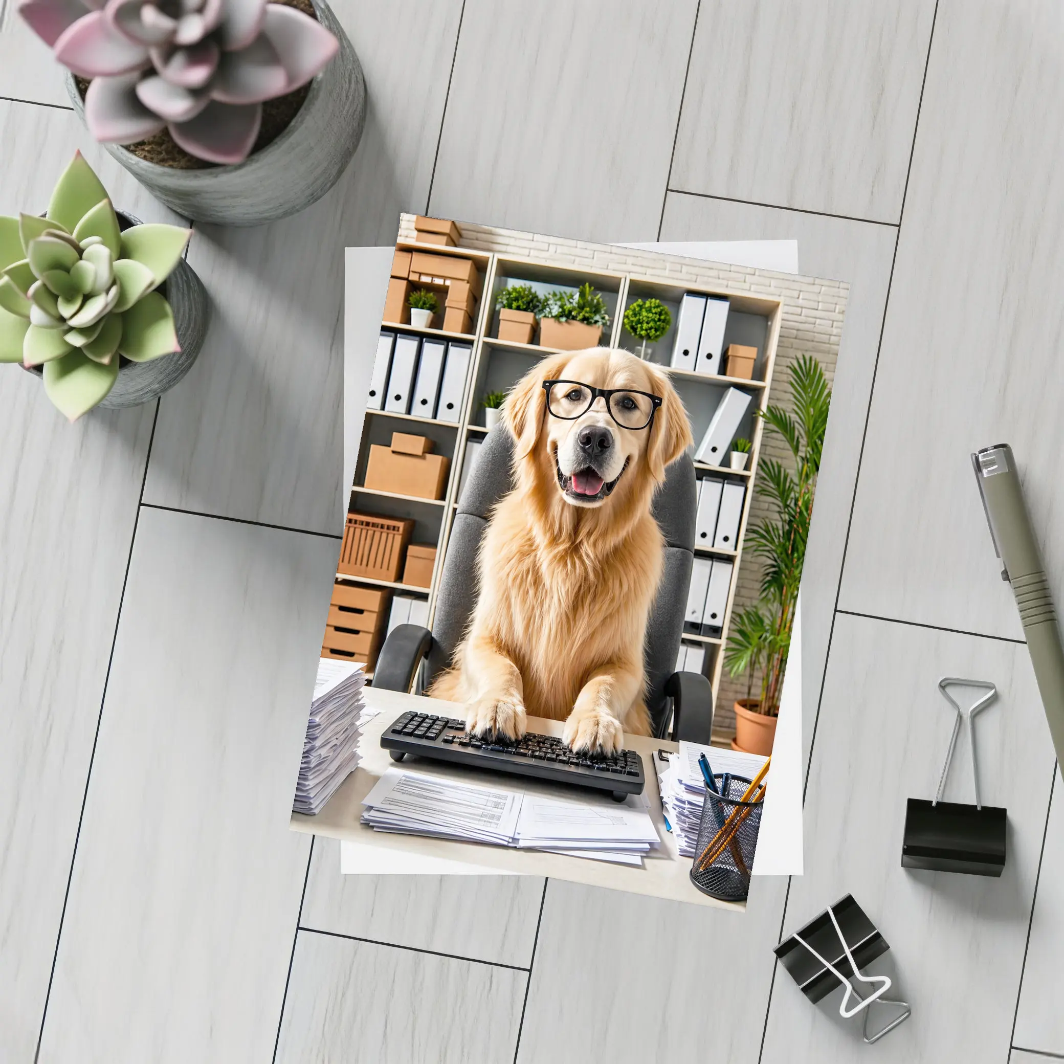 Golden Retriever Office Worker At Computer Desk – Postcards