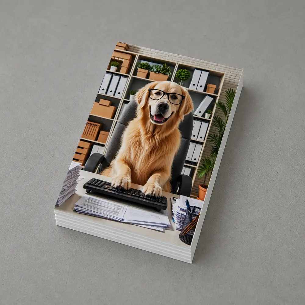 Golden Retriever Office Worker At Computer Desk – Postcards