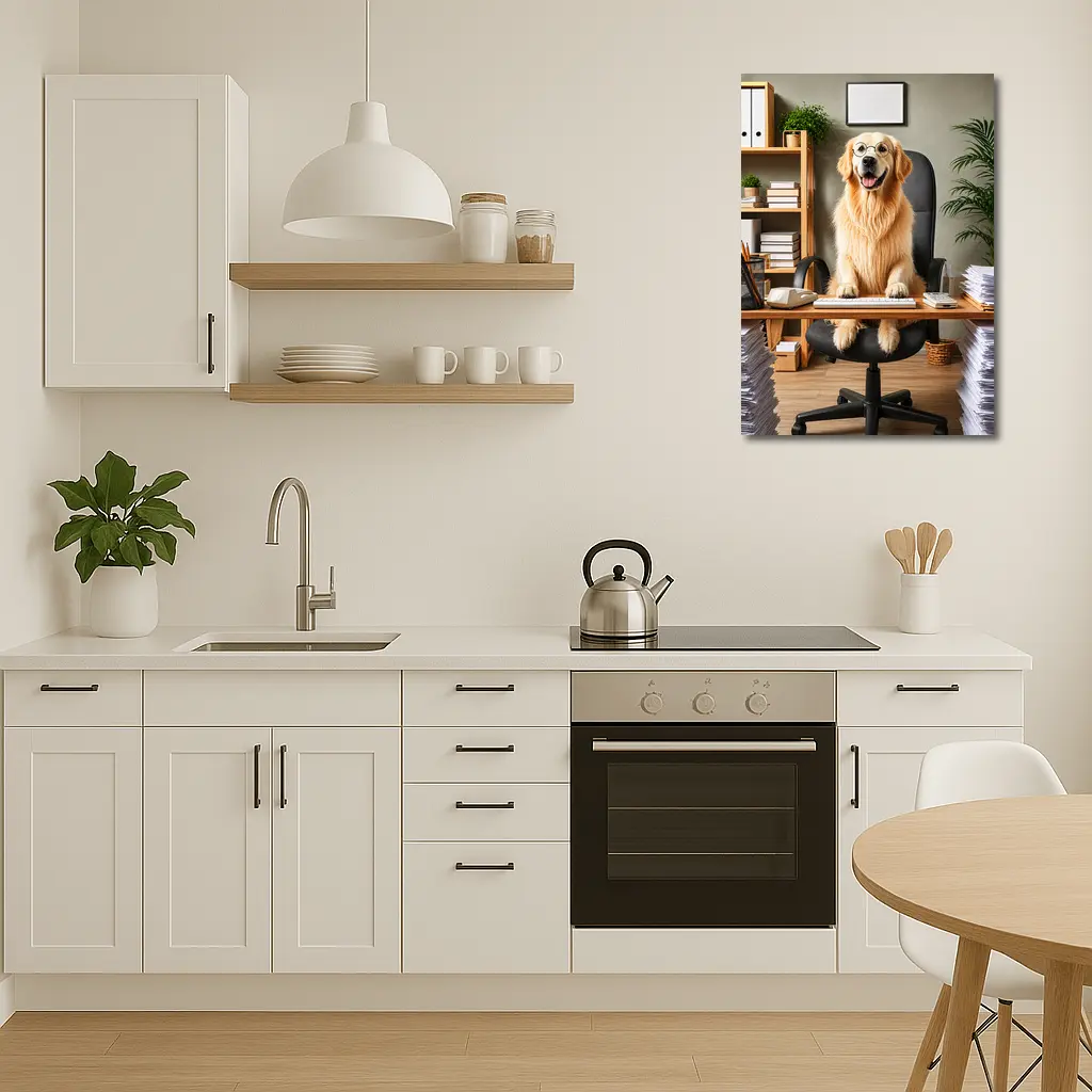 Golden Retriever Boss At Office Desk – Wall Art