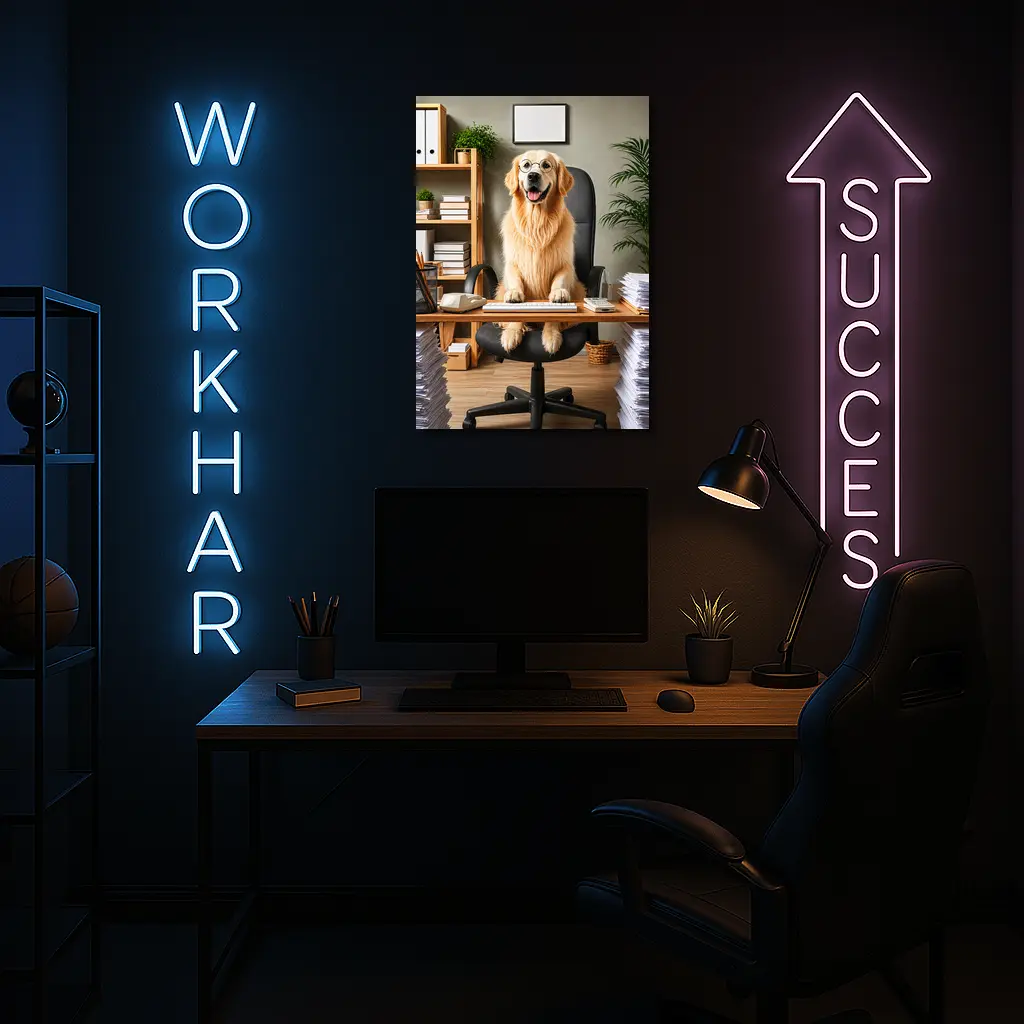 Golden Retriever Boss At Office Desk – Wall Art