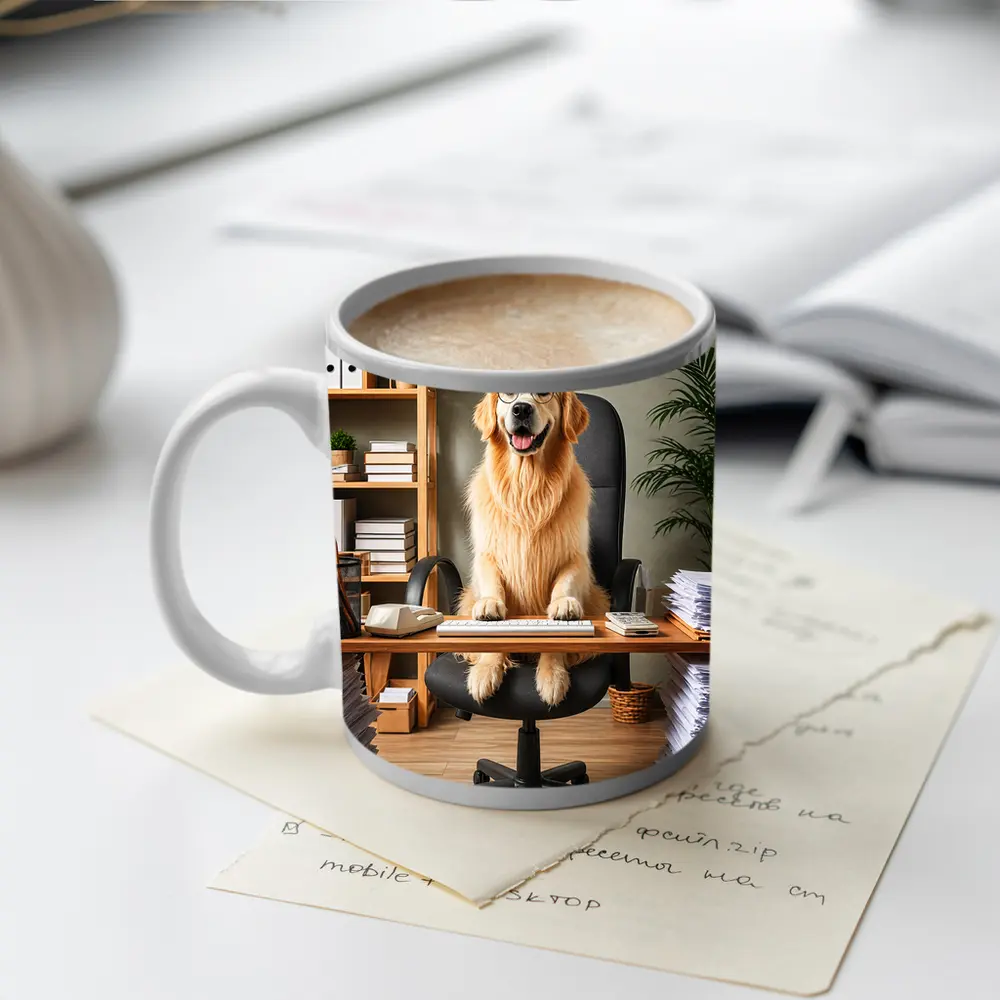 Golden Retriever Boss At Office Desk – Mugs
