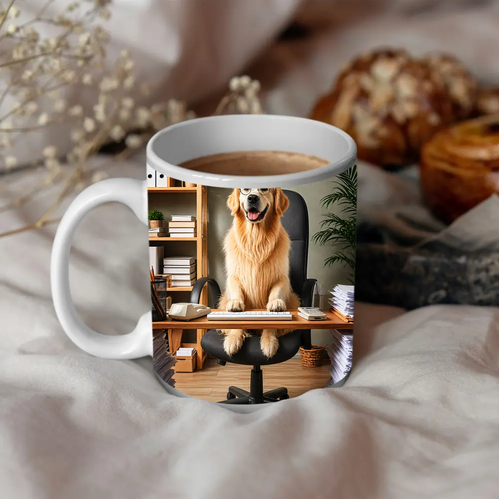 Golden Retriever Boss At Office Desk – Mugs