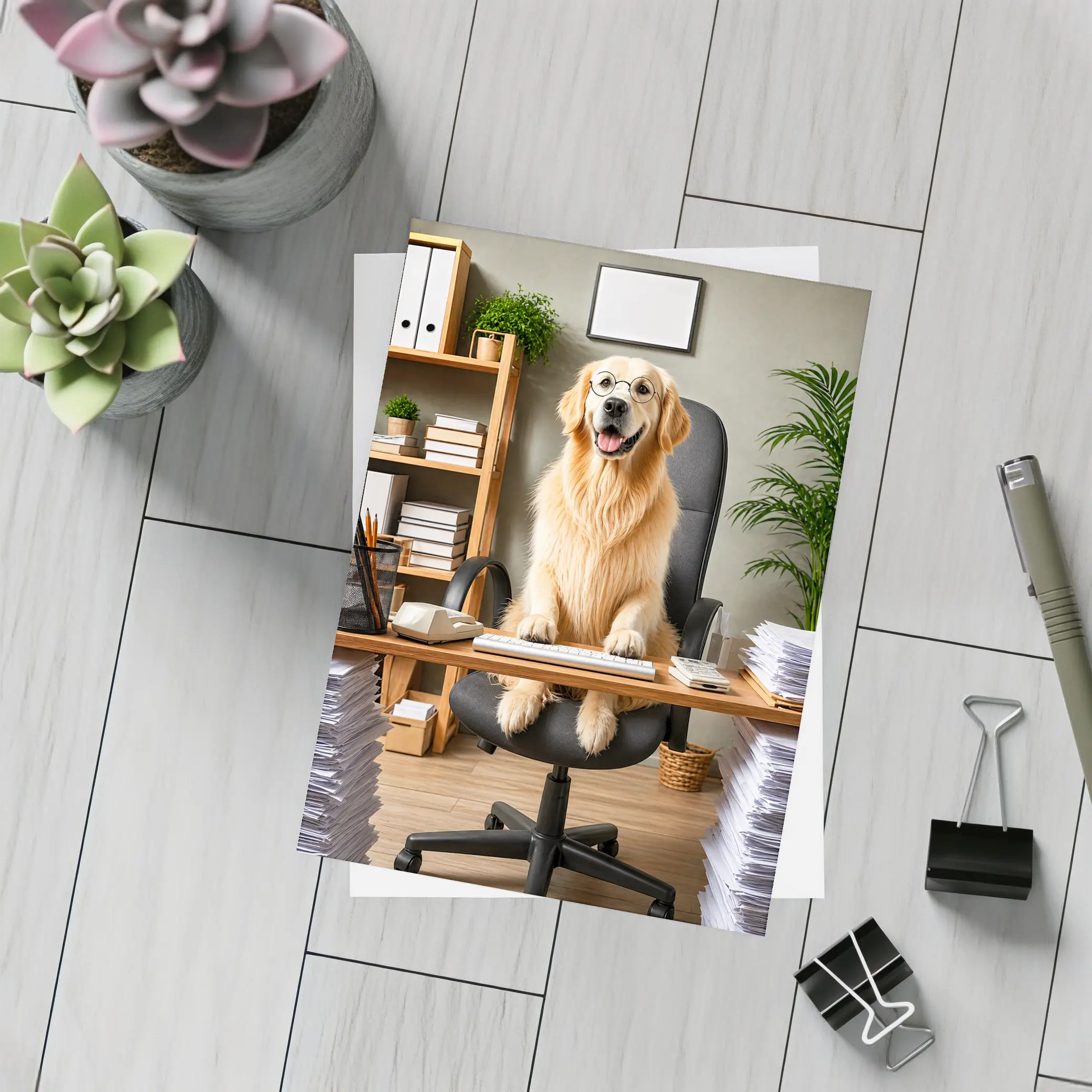 Golden Retriever Boss At Office Desk – Postcards