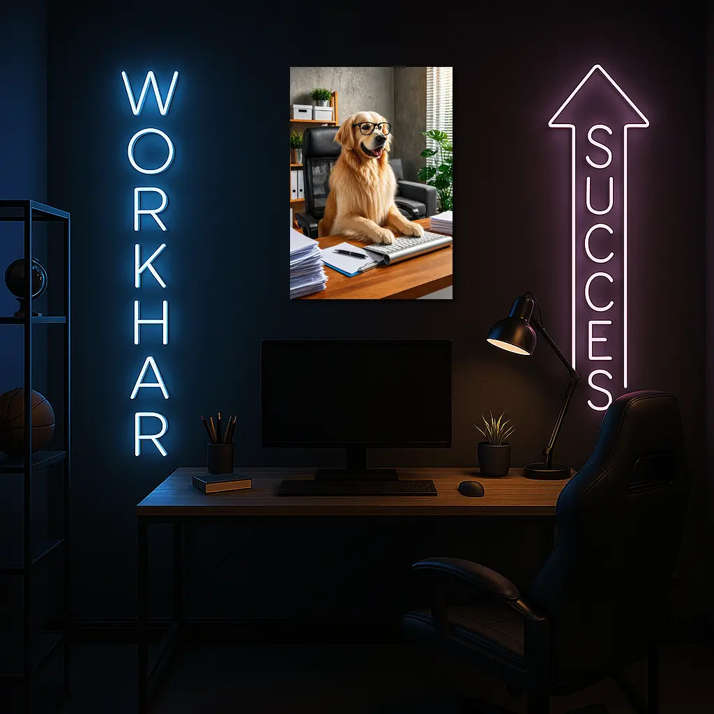 Golden Retriever Boss Sitting at Office Desk – Wall Art