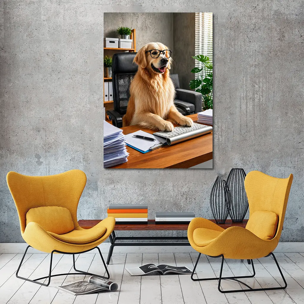 Golden Retriever Boss Sitting at Office Desk – Wall Art