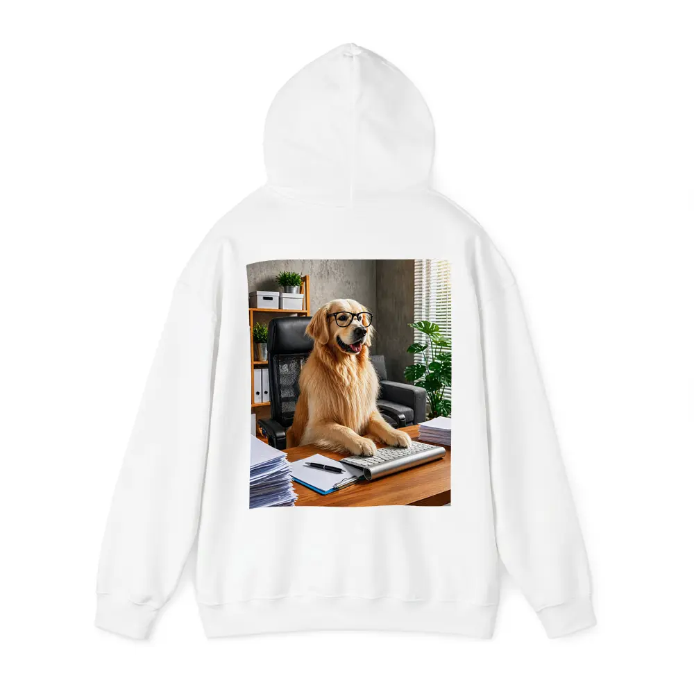 Golden Retriever Boss Sitting at Office Desk – Hoodies