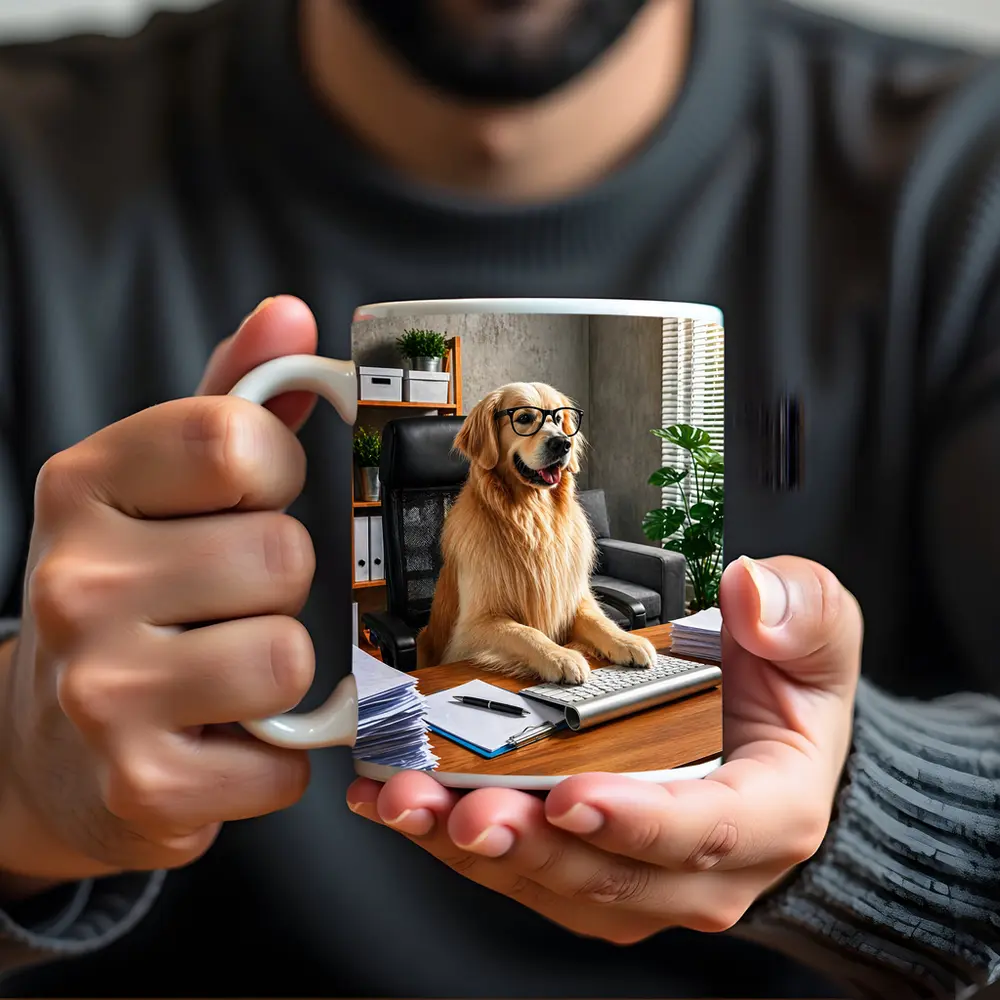 Golden Retriever Boss Sitting at Office Desk – Mugs
