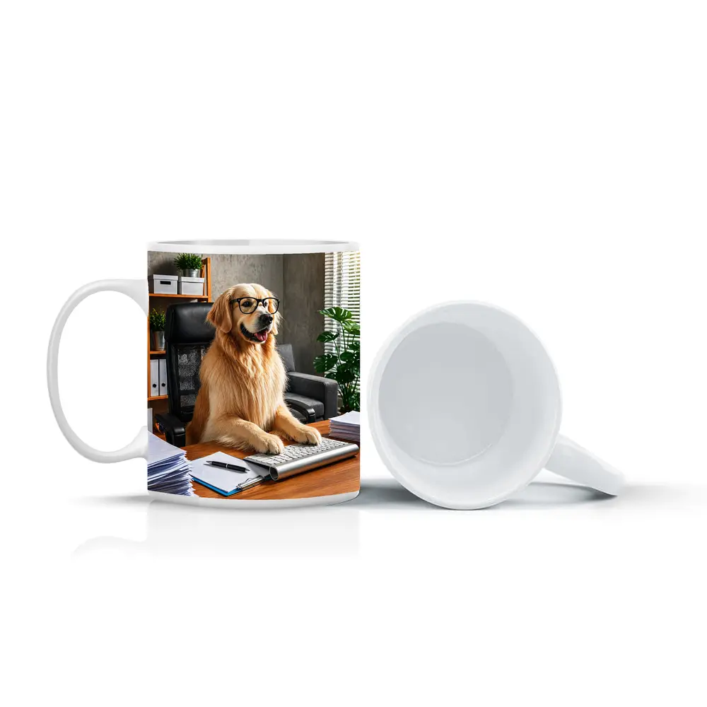 Golden Retriever Boss Sitting at Office Desk – Mugs