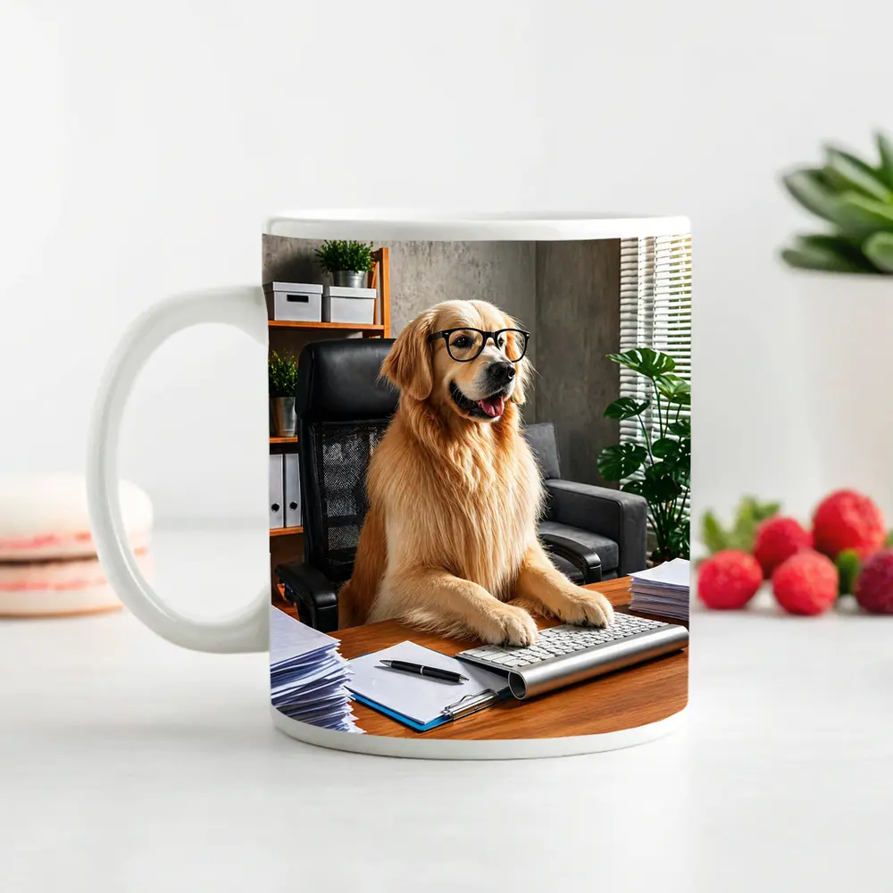 Golden Retriever Boss Sitting at Office Desk – Mugs