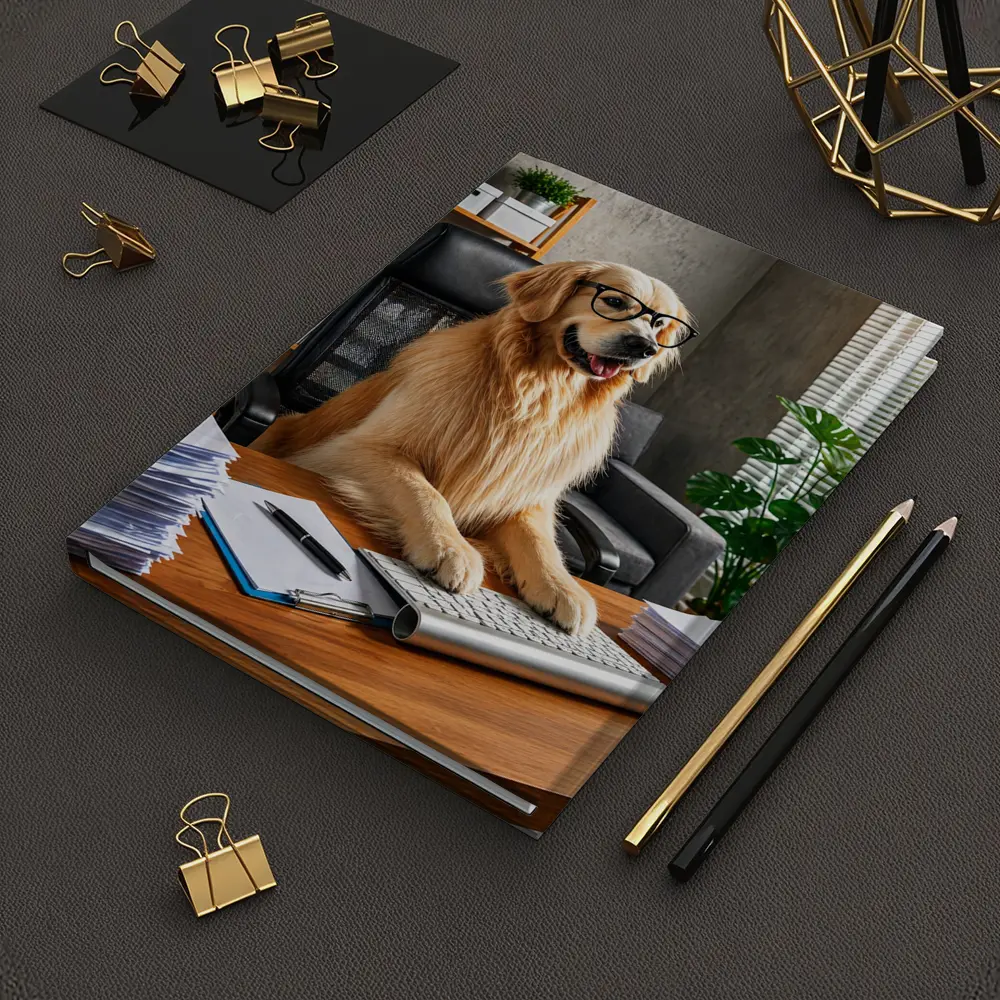 Golden Retriever Boss Sitting at Office Desk – Notebooks