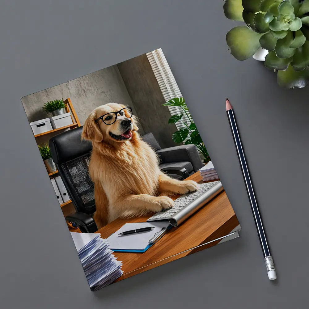 Golden Retriever Boss Sitting at Office Desk – Notebooks