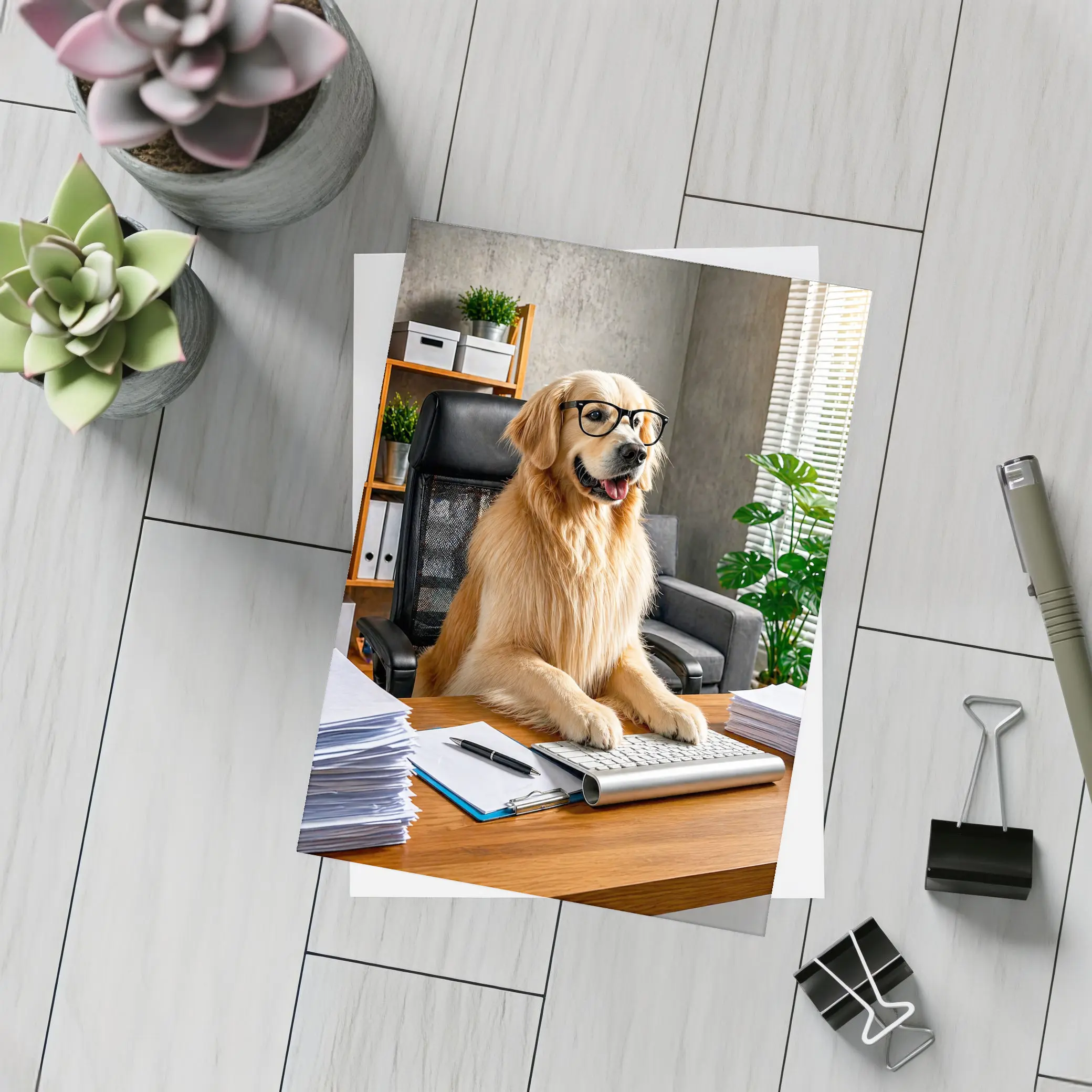 Golden Retriever Boss Sitting at Office Desk – Postcards
