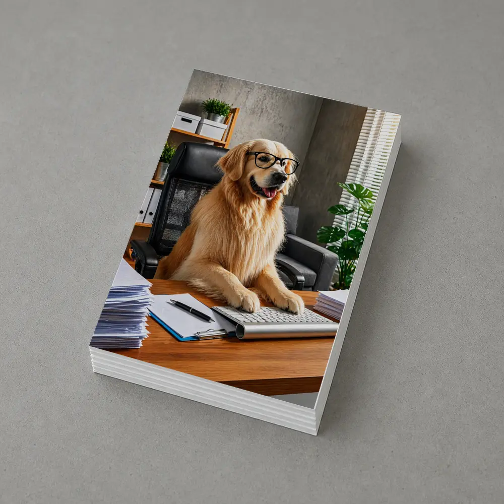 Golden Retriever Boss Sitting at Office Desk – Postcards