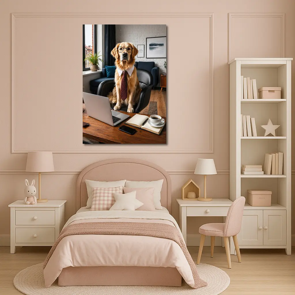 Golden Retriever Wearing Glasses Office Setting – Wall Art