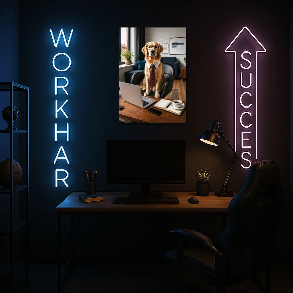 Golden Retriever Wearing Glasses Office Setting – Wall Art