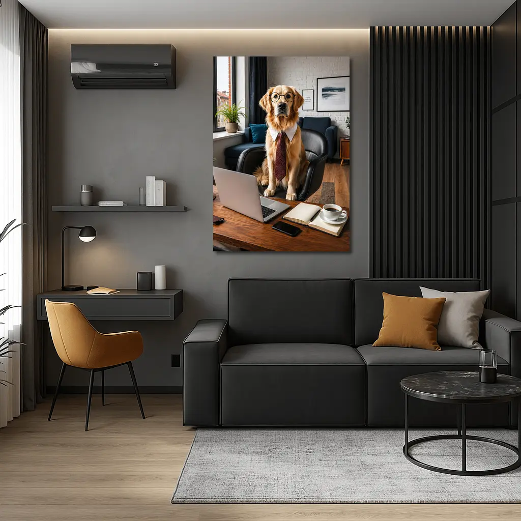Golden Retriever Wearing Glasses Office Setting – Wall Art