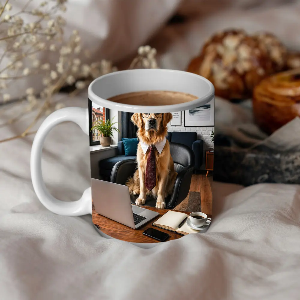 Golden Retriever Wearing Glasses Office Setting – Mugs