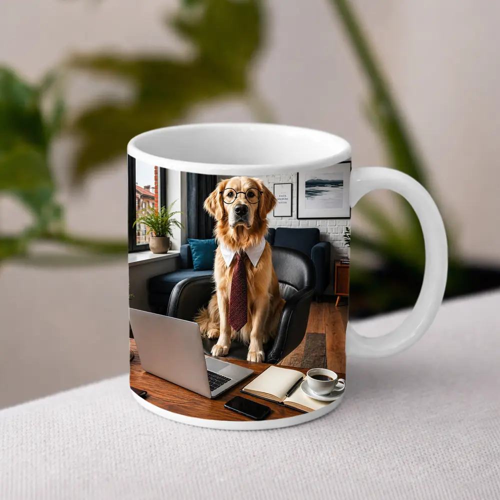 Golden Retriever Wearing Glasses Office Setting – Mugs