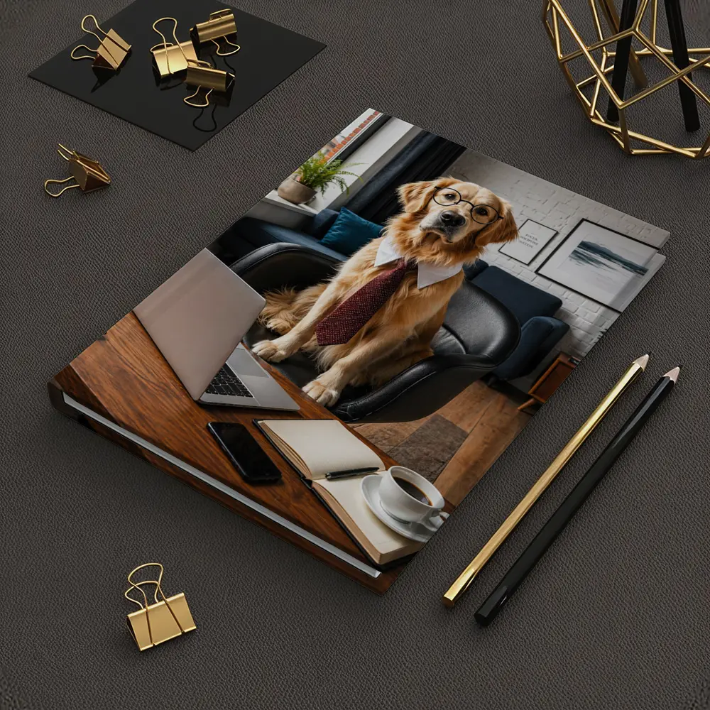 Golden Retriever Wearing Glasses Office Setting – Notebooks
