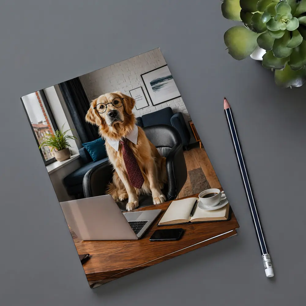 Golden Retriever Wearing Glasses Office Setting – Notebooks