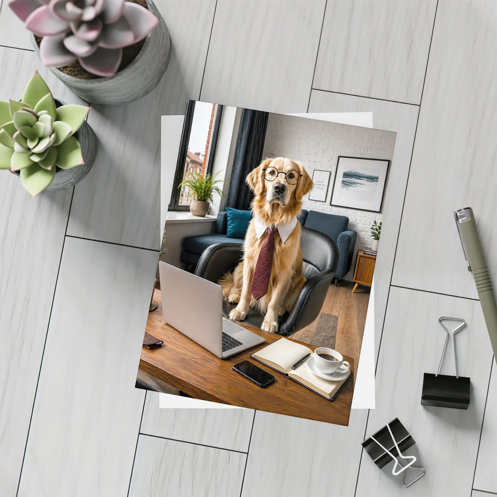 Golden Retriever Wearing Glasses Office Setting – Postcards