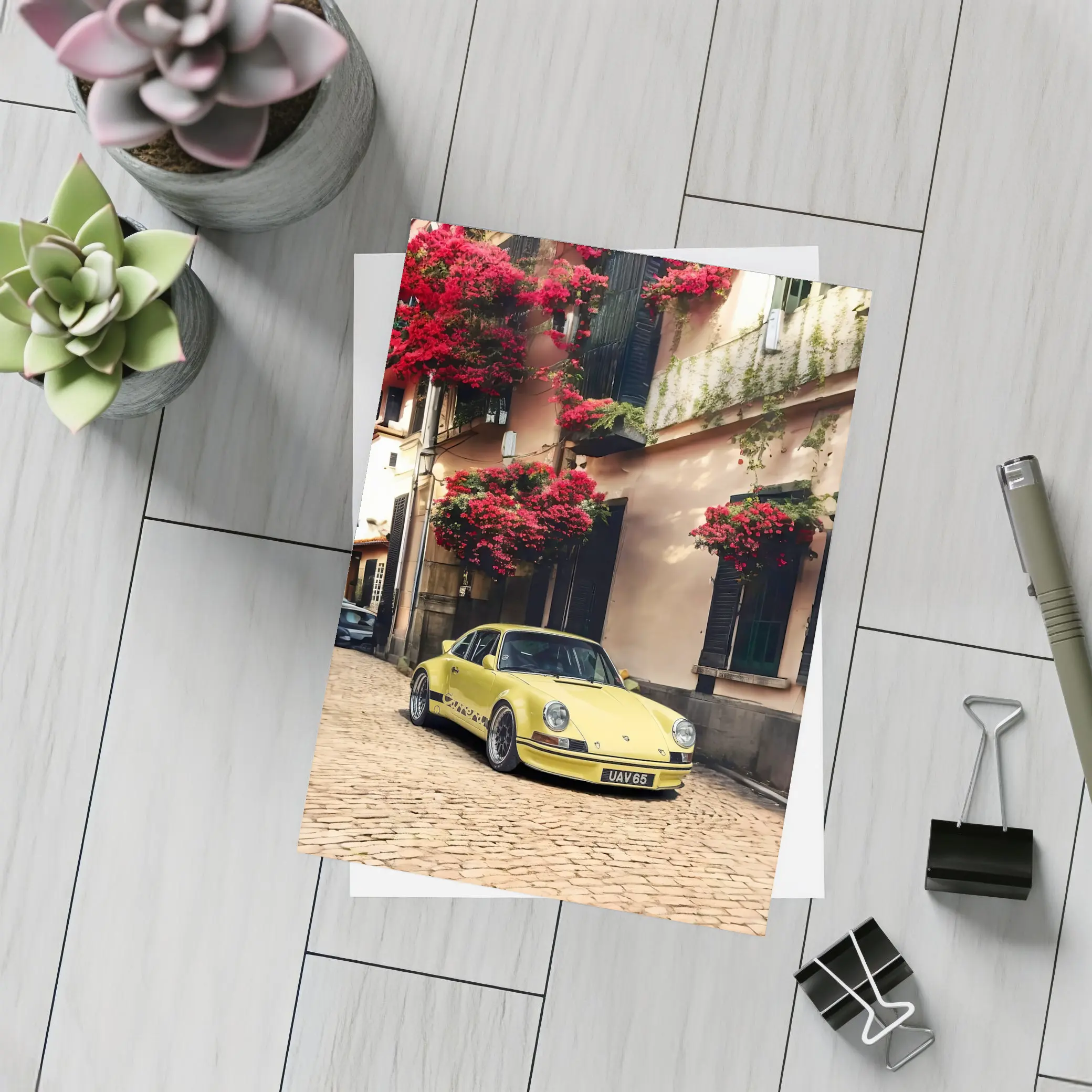 Yellow Porsche 911 RS Cobblestone Street – Postcards