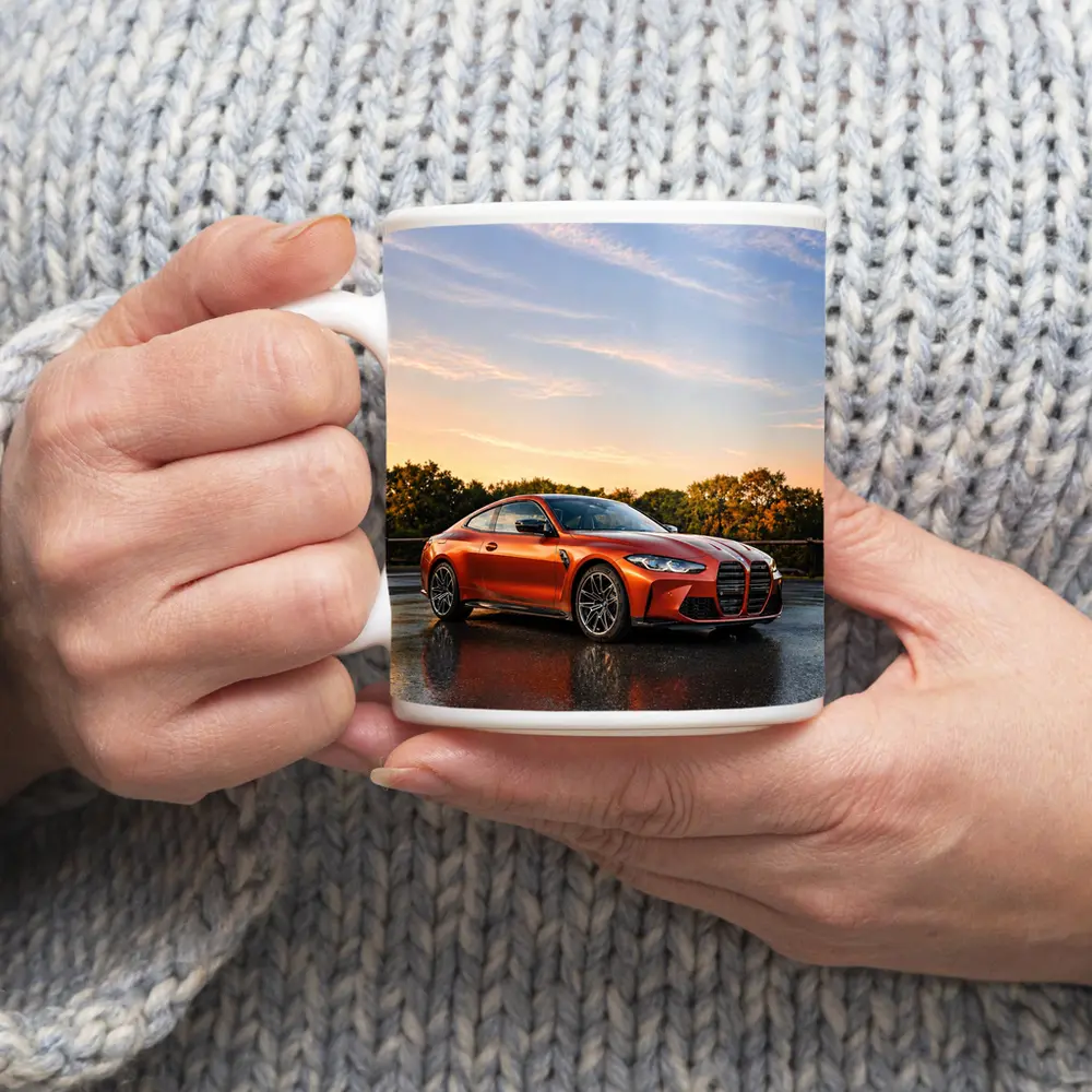 BMW M4 Orange Coupe Wet Parking Lot – Mugs
