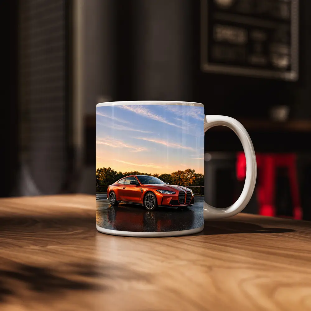 BMW M4 Orange Coupe Wet Parking Lot – Mugs