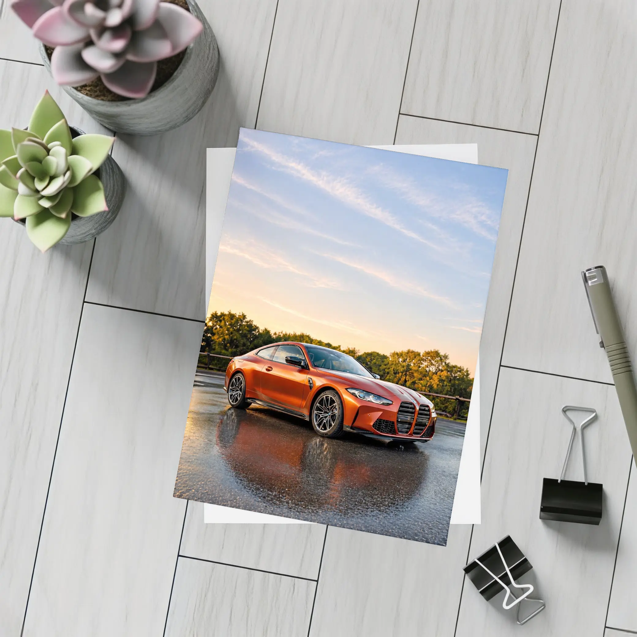 BMW M4 Orange Coupe Wet Parking Lot – Postcards