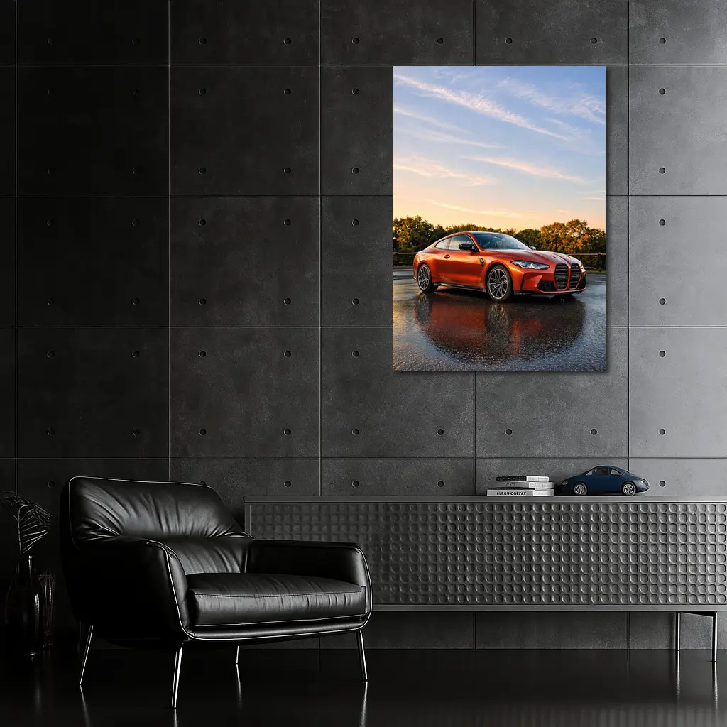 BMW M4 Orange Coupe Wet Parking Lot – Wall Art