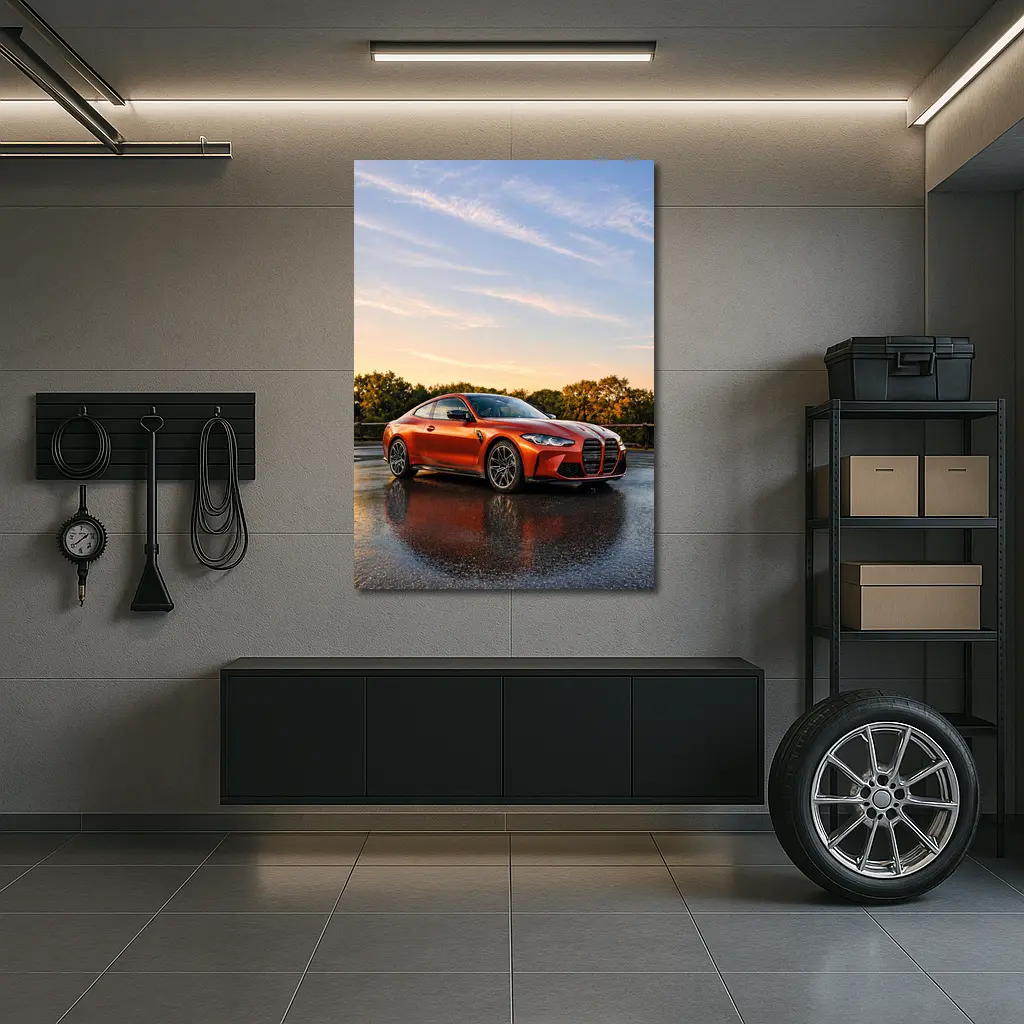 BMW M4 Orange Coupe Wet Parking Lot – Wall Art