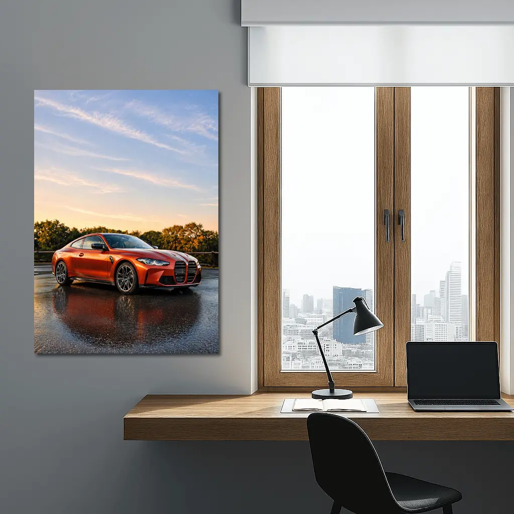BMW M4 Orange Coupe Wet Parking Lot – Wall Art