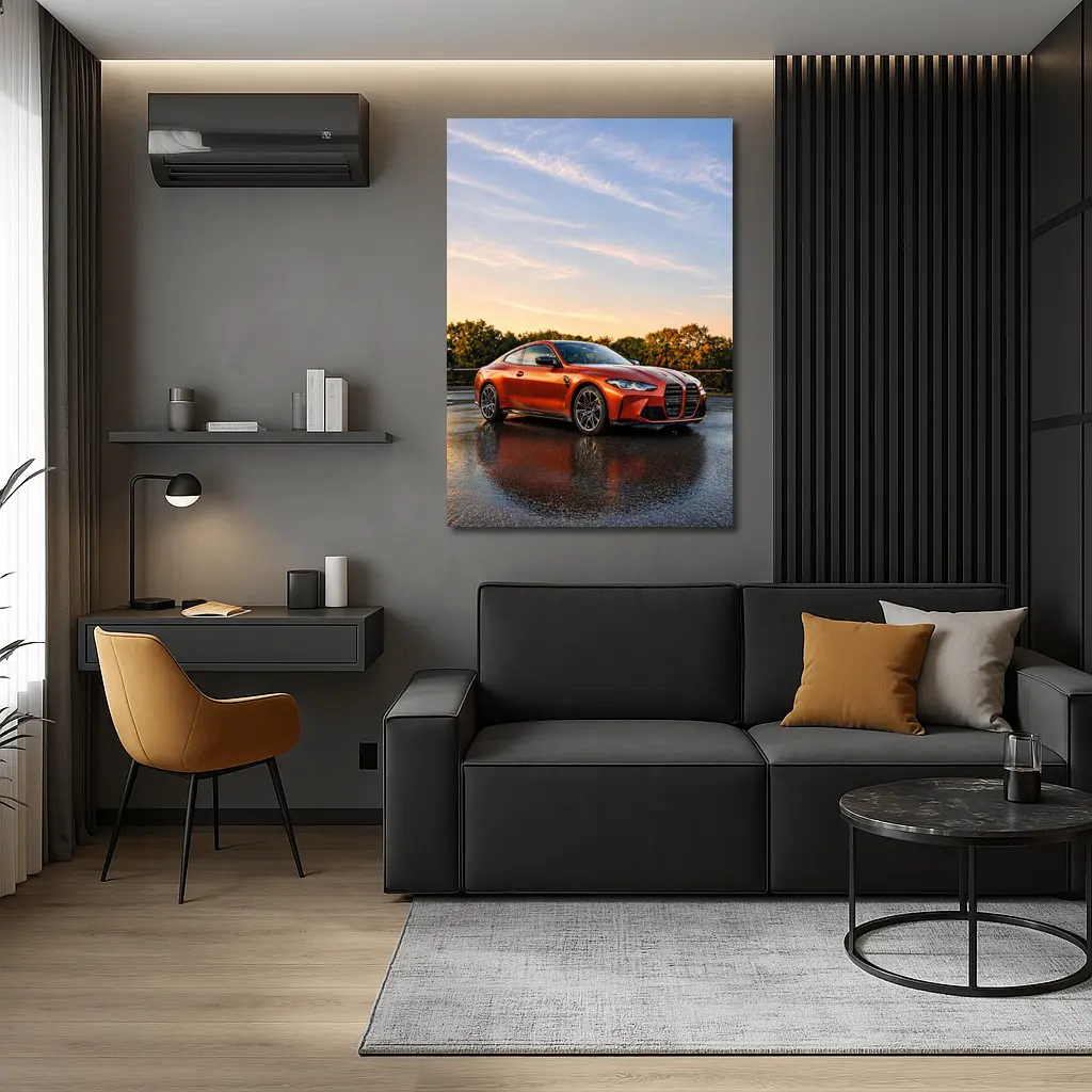 BMW M4 Orange Coupe Wet Parking Lot – Wall Art