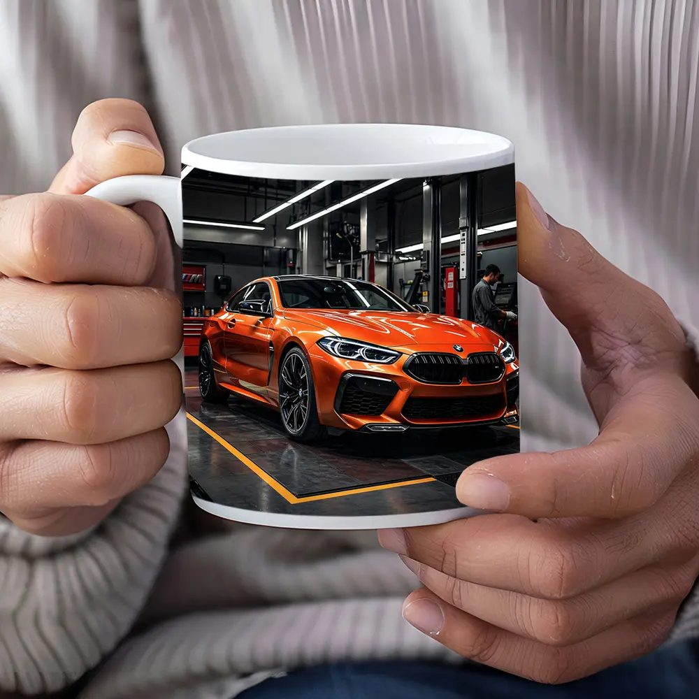BMW M8 Orange Coupe Auto Service Garage – Mugs