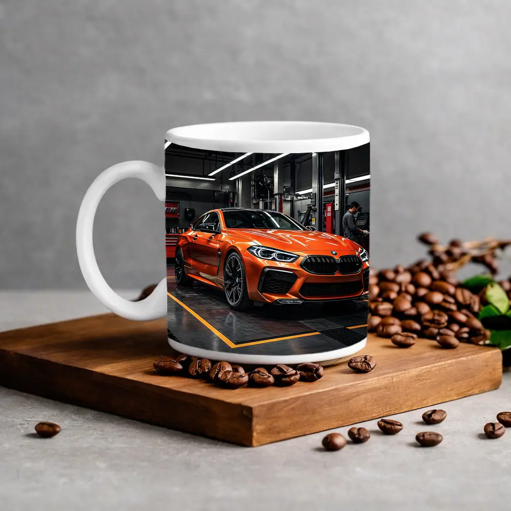 BMW M8 Orange Coupe Auto Service Garage – Mugs