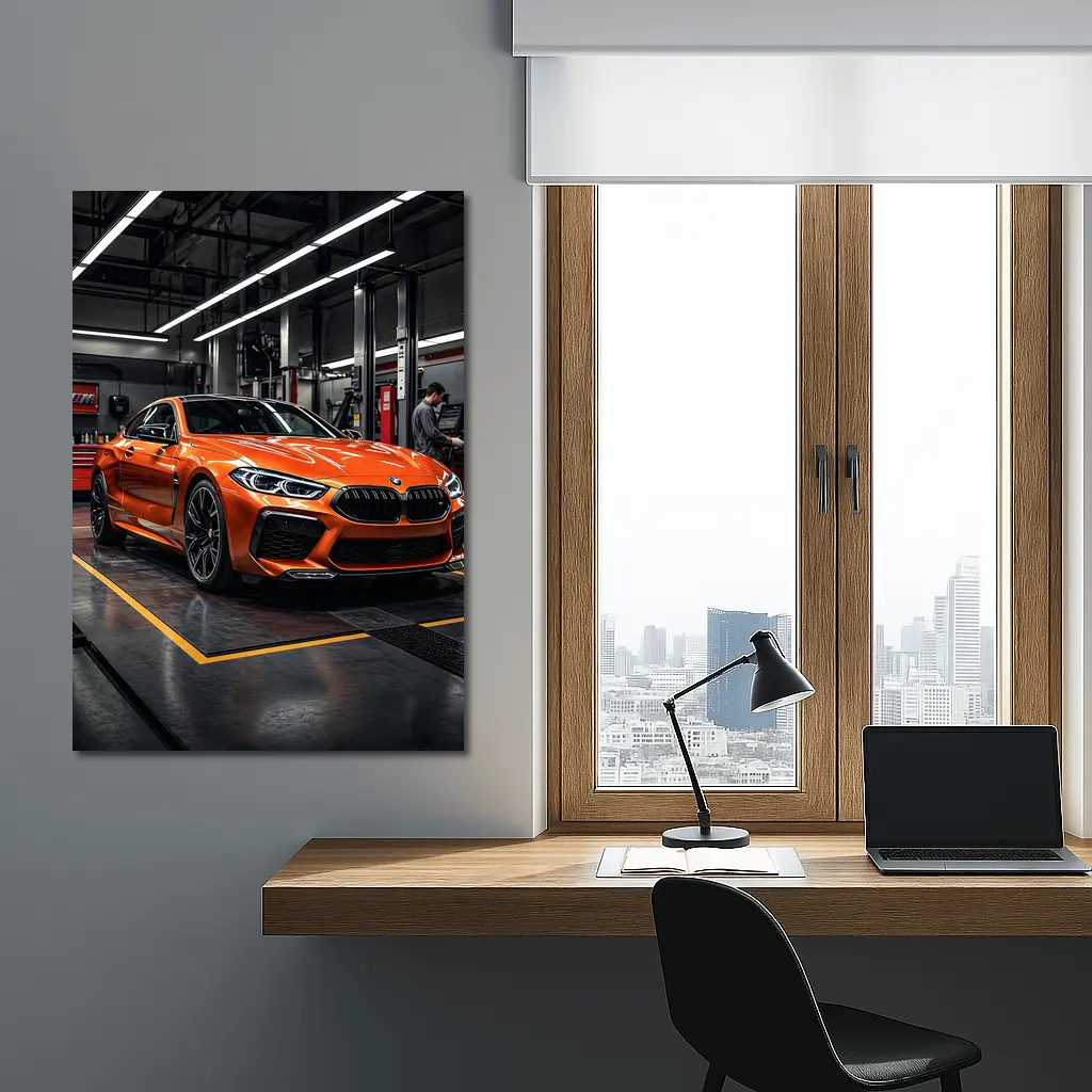 BMW M8 Orange Coupe Auto Service Garage – Wall Art