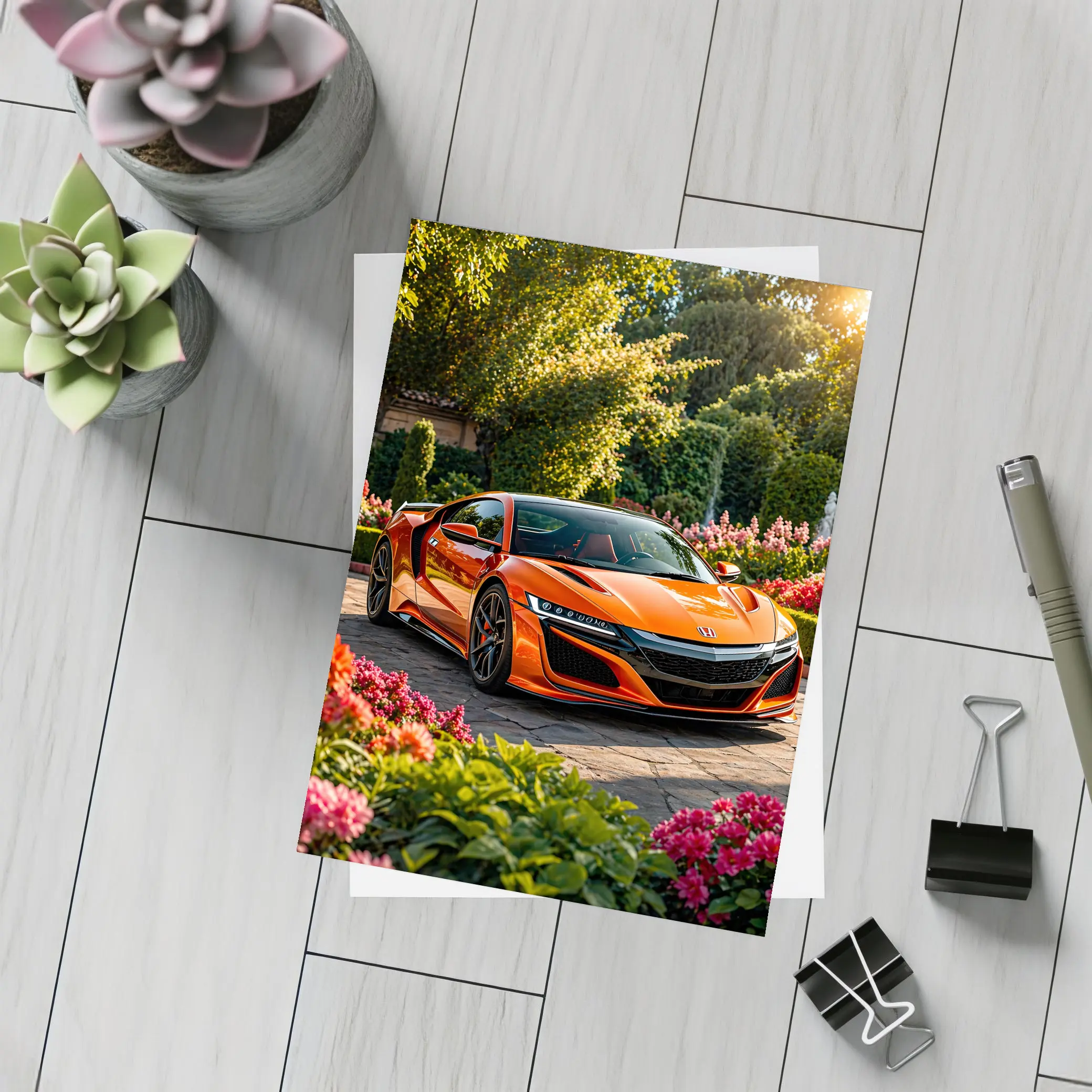 Acura NSX Orange Sports Car Garden Setting – Postcards