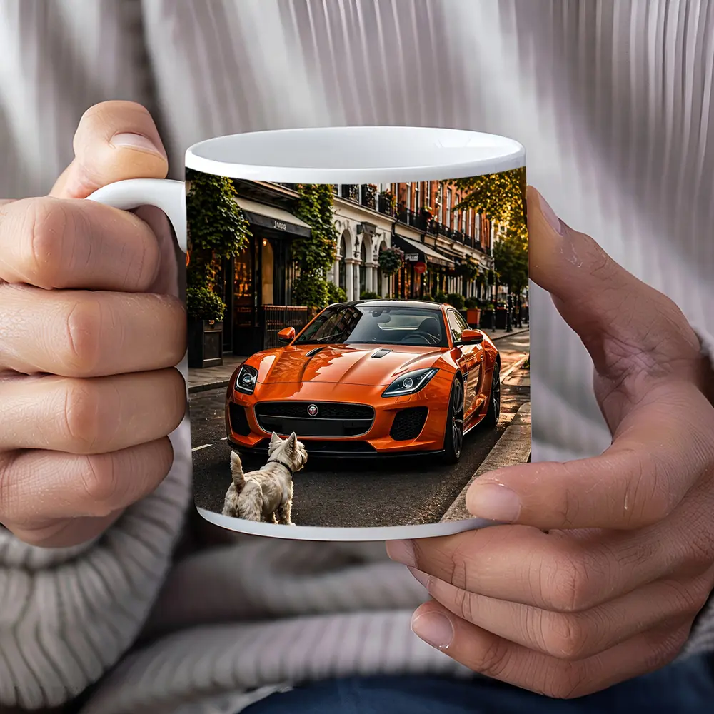 Orange Jaguar F-Type With Westie Dog – Mugs
