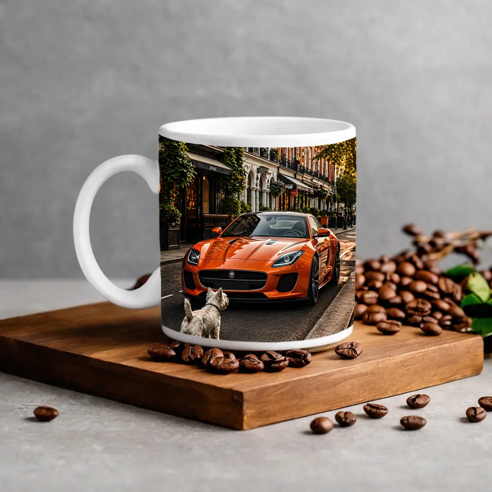 Orange Jaguar F-Type With Westie Dog – Mugs