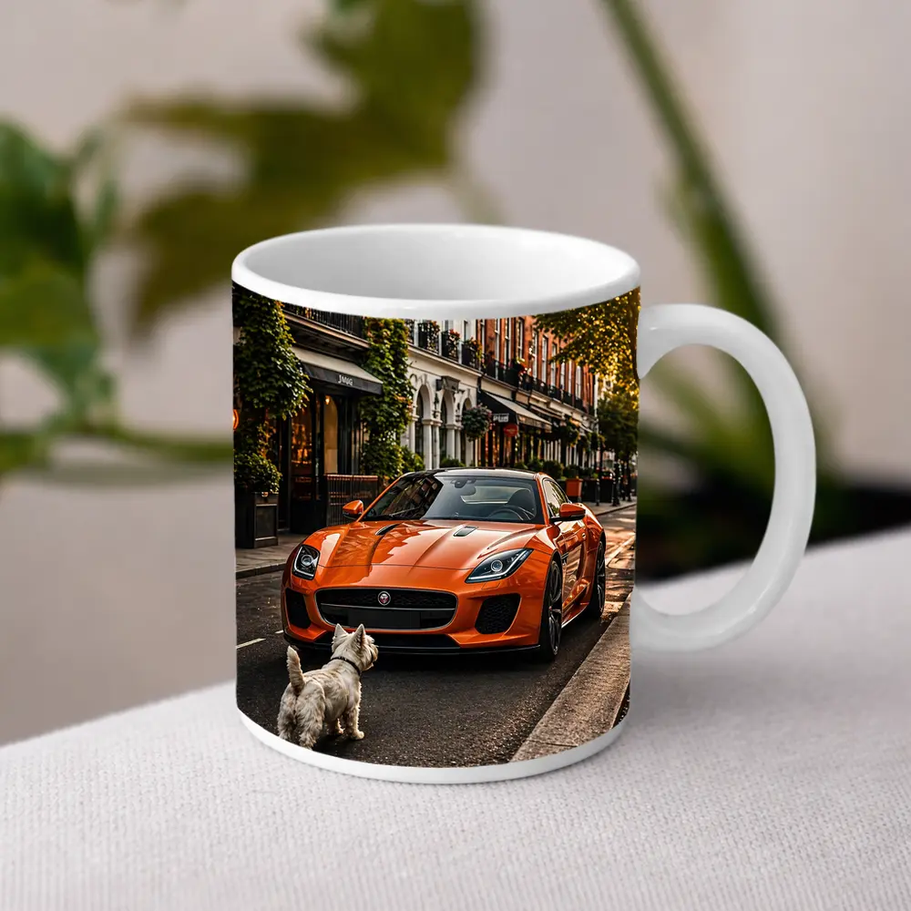 Orange Jaguar F-Type With Westie Dog – Mugs