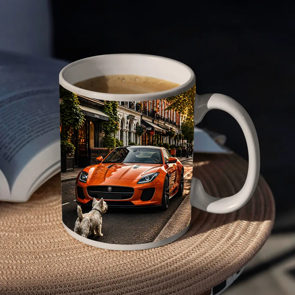 Orange Jaguar F-Type With Westie Dog – Mugs