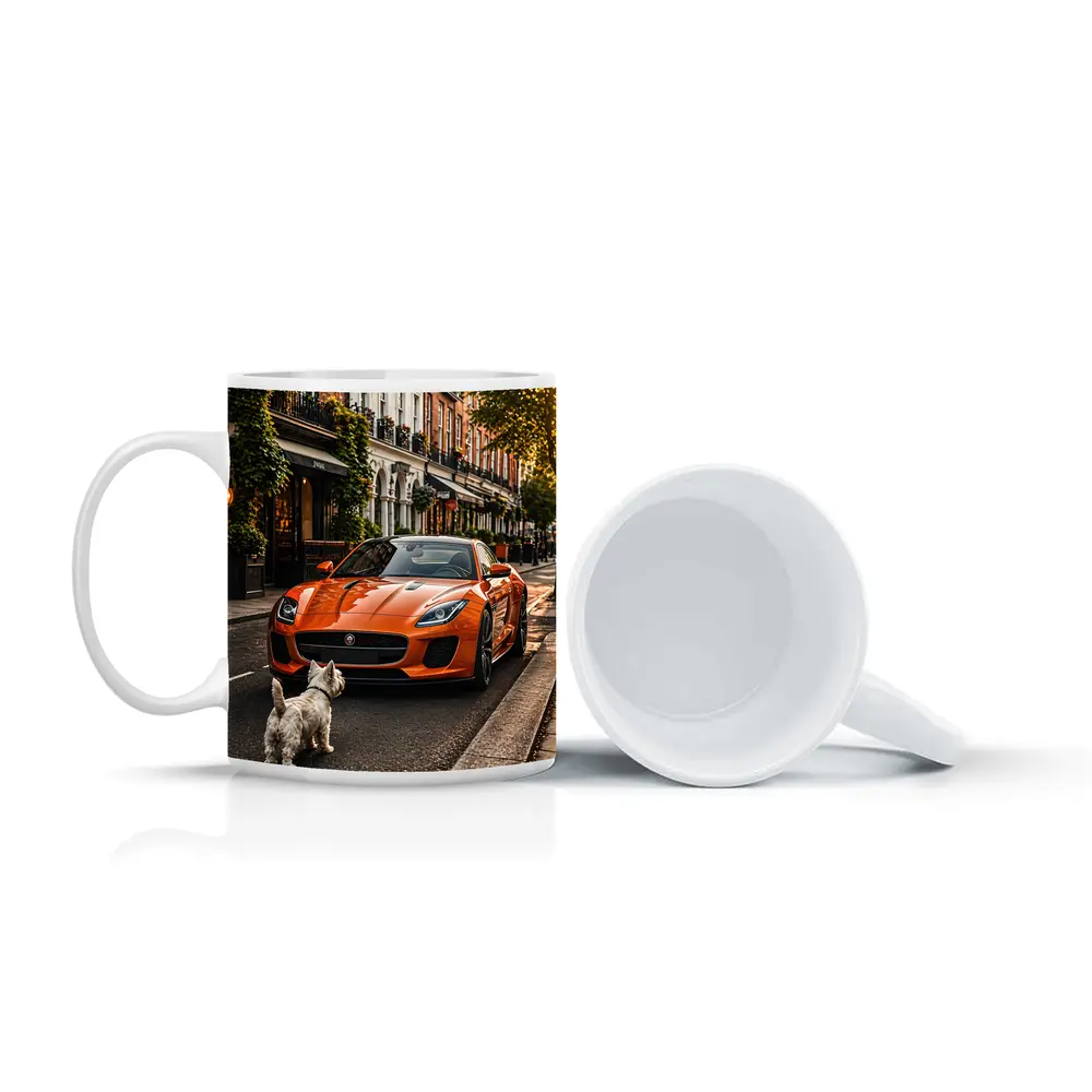 Orange Jaguar F-Type With Westie Dog – Mugs