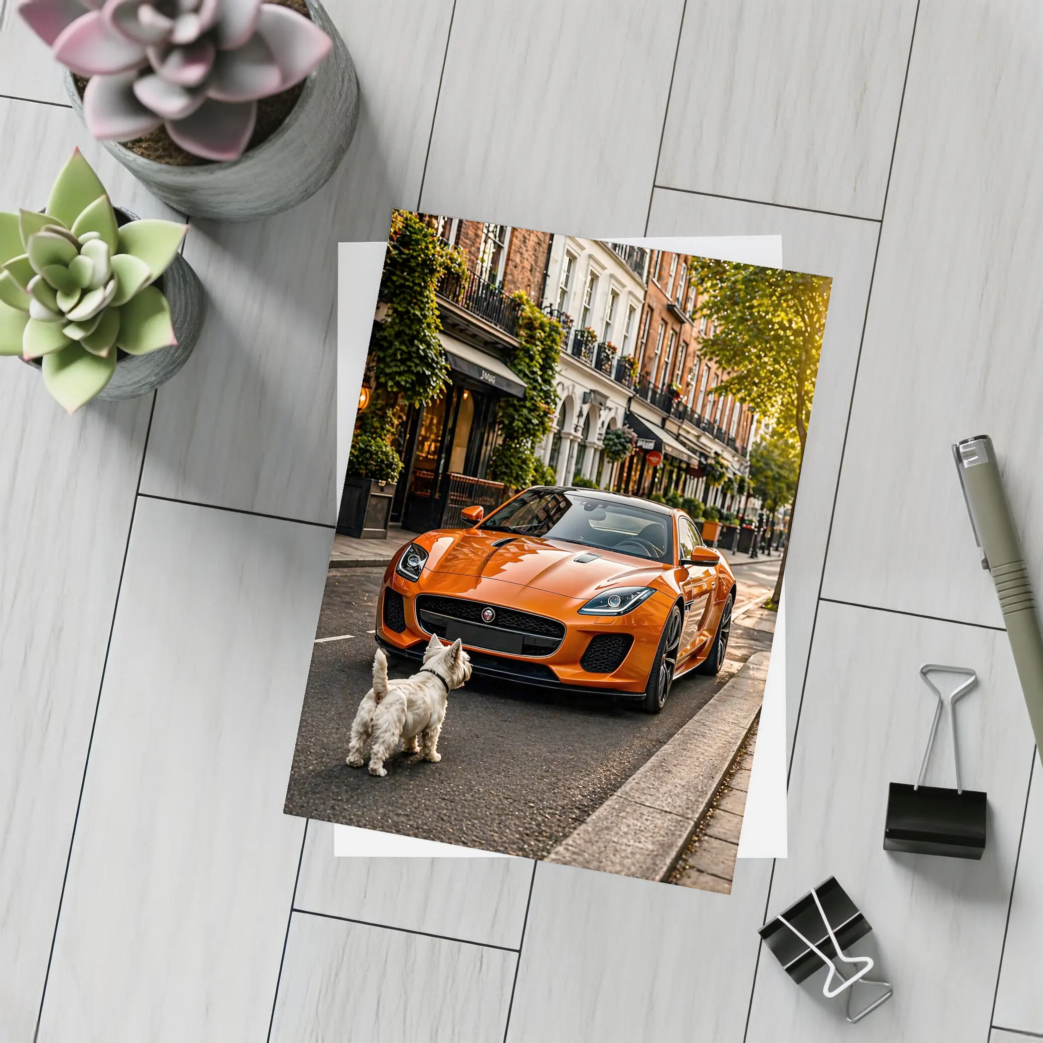 Orange Jaguar F-Type With Westie Dog – Postcards