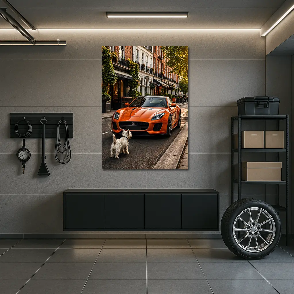 Orange Jaguar F-Type With Westie Dog – Wall Art