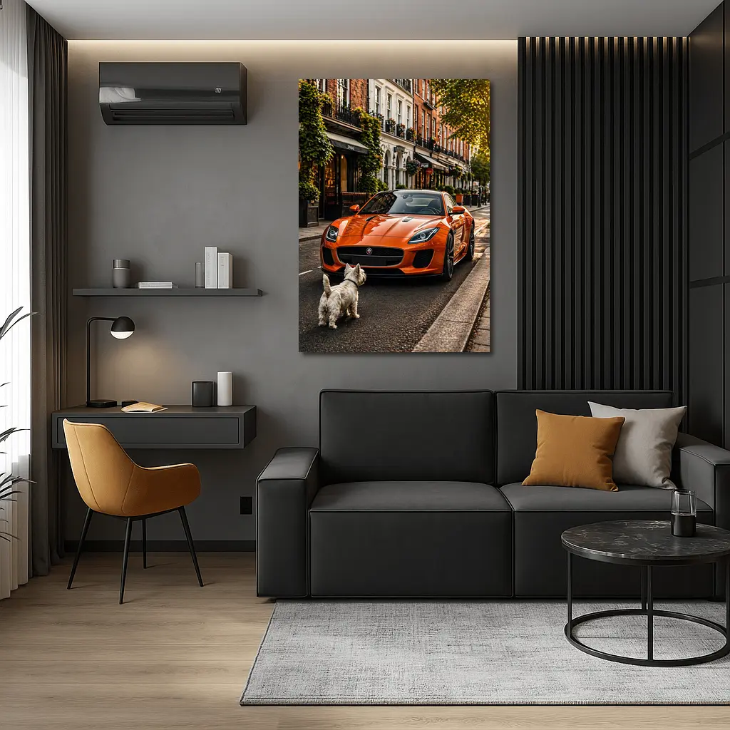 Orange Jaguar F-Type With Westie Dog – Wall Art